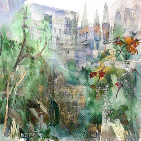 Israeli landscape, painting of Jerusalem landscape, mood painring on canvas, for home design, mixed media, digital media 
