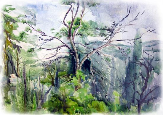 ציור צבעי מים על נייר, ציור נוף ישראלי,ציור אוירה,ציור לבית, ציור למשרד